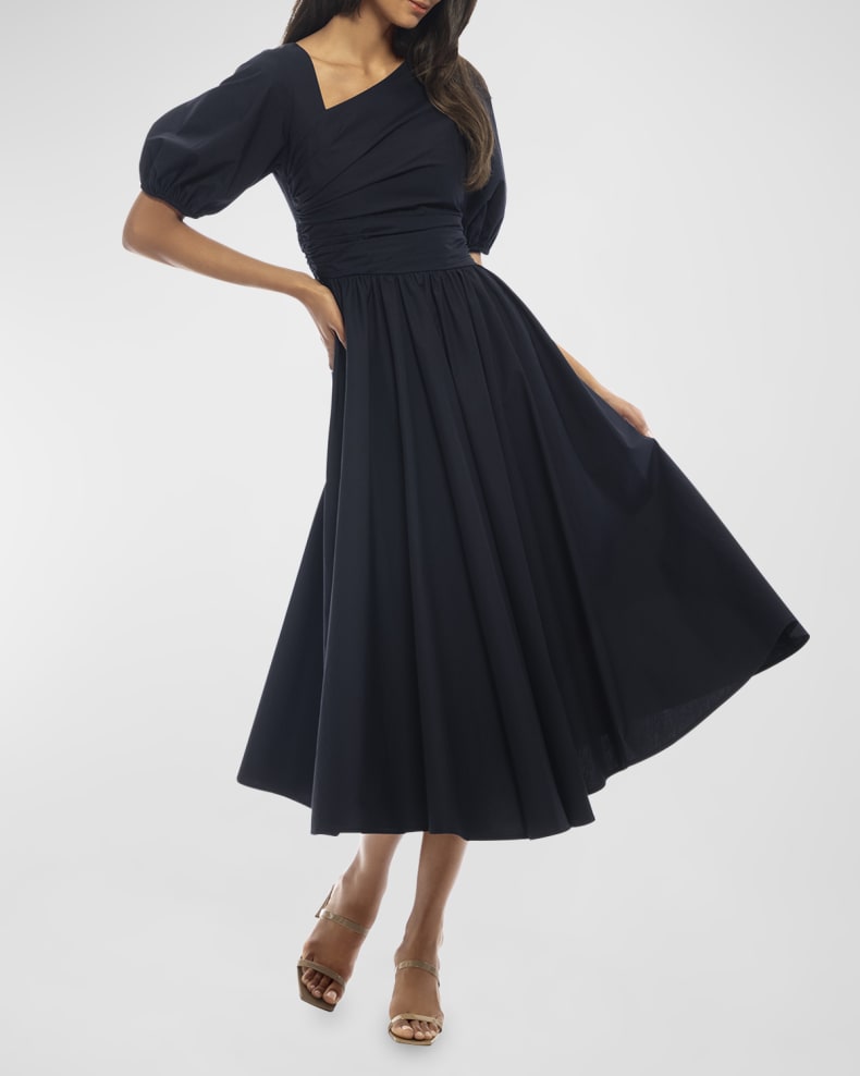 Ruched Puff-Sleep Poplin Midi Dress