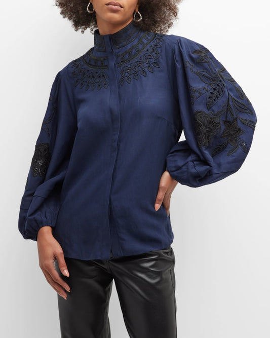 Embroidered Button-Front Blouse